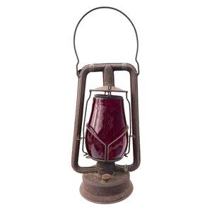 Antique Dietz Red Glass Lantern NY USA Rustic Kerosene Railroad Oil Lamp